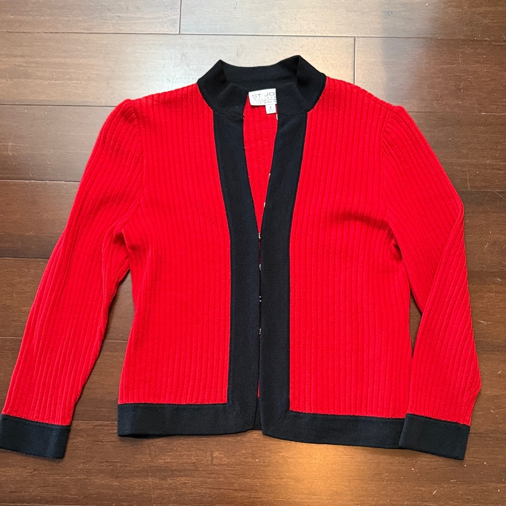 St John Collection Red Knit Jacket Sweater Black Trim Size 8